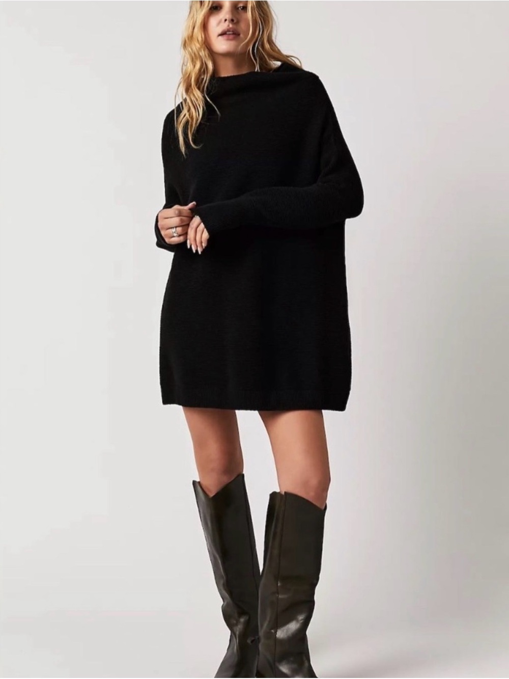 FREE PEOPLE Ottoman Slouchy Tunic | Knit Sweater Mock Neck Mini Dress - LARGE
